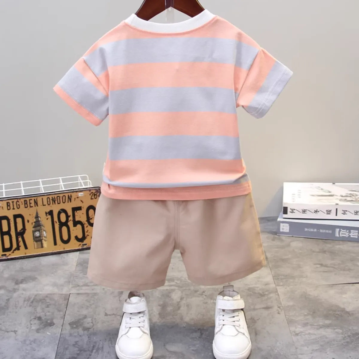 Striped βBABYβ T-Shirt & Beige Shorts Set for Boys (1-5 Years)